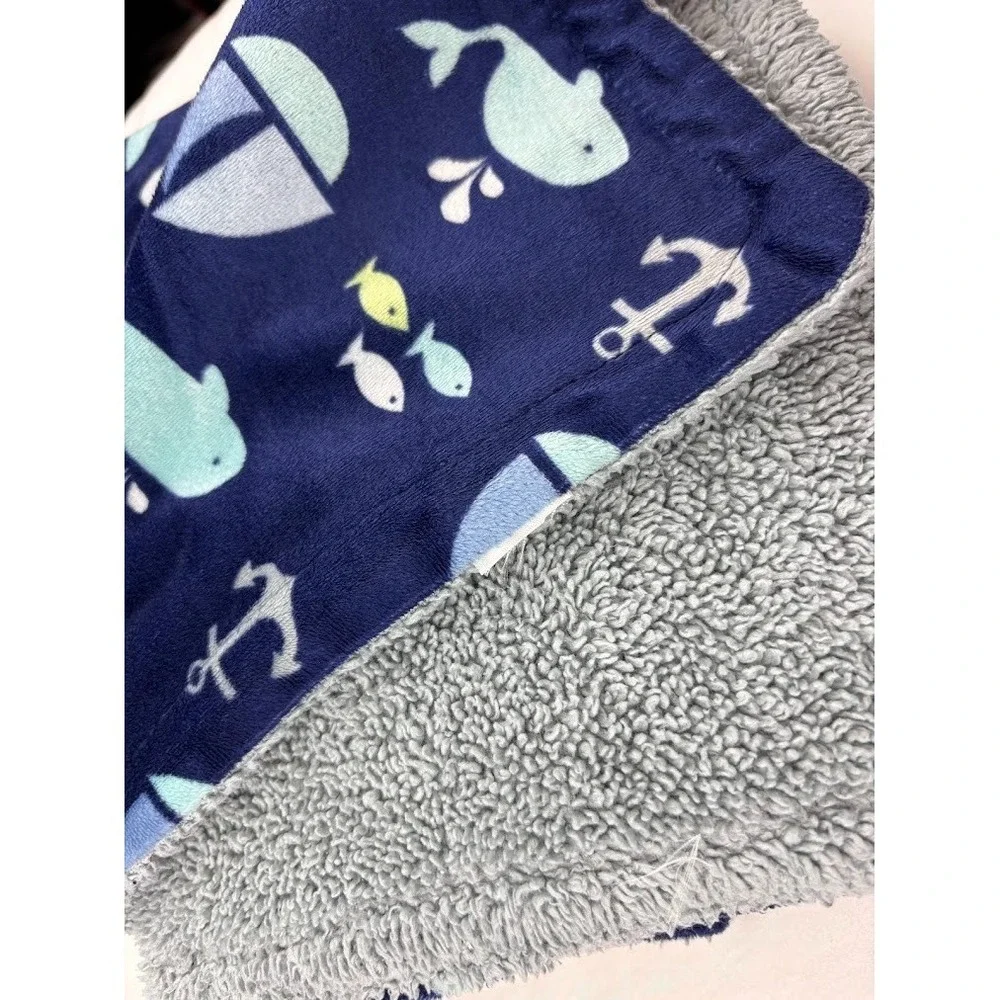 Luvable Friends Blue Whale Sailboat Anchor Fish Baby Blanket Gray Sherpa Back